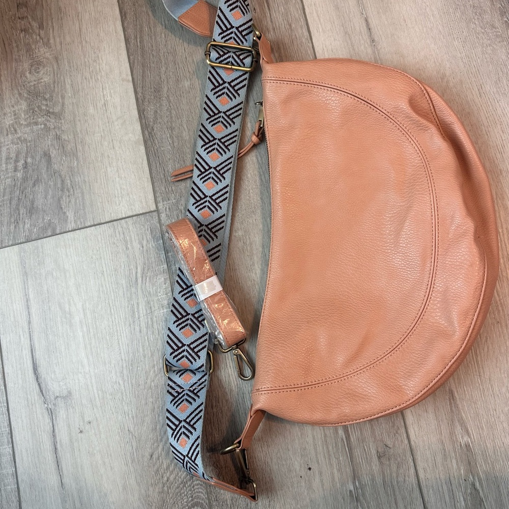 Anthropologie Peach Half-Moon Crossbody Bag with Patterned Strap and extra strap
